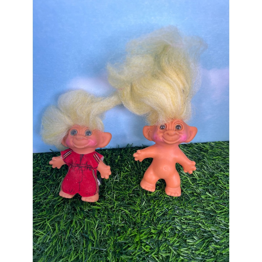 Vintage Troll Doll Set 2 Yellow Hair Red Velvet Outfit 3 Inch 90s Retro Toy